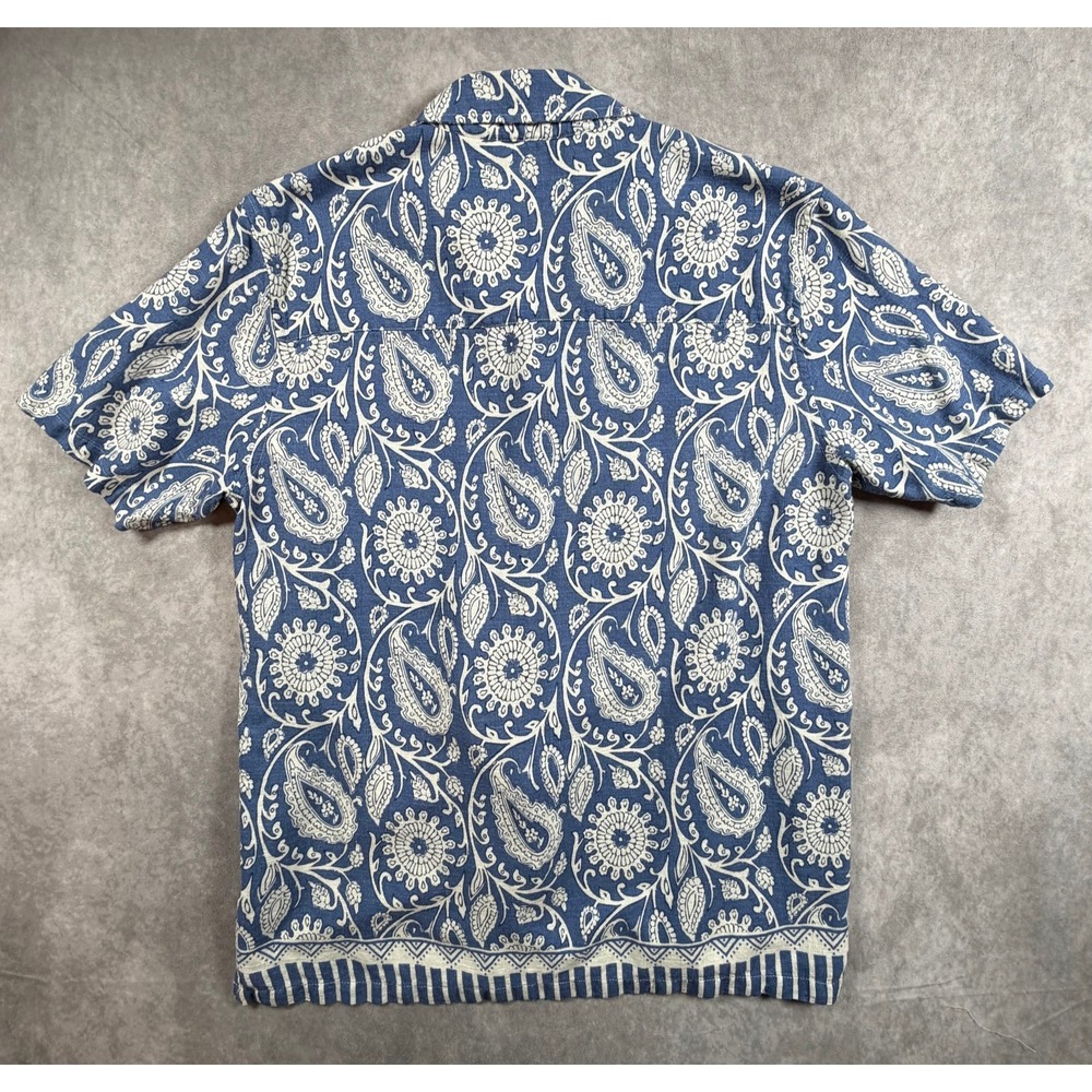 Common People Mens XL Cabra Shirt Linen Blend Blue Paisley Camp Collar - Picture 2 of 9